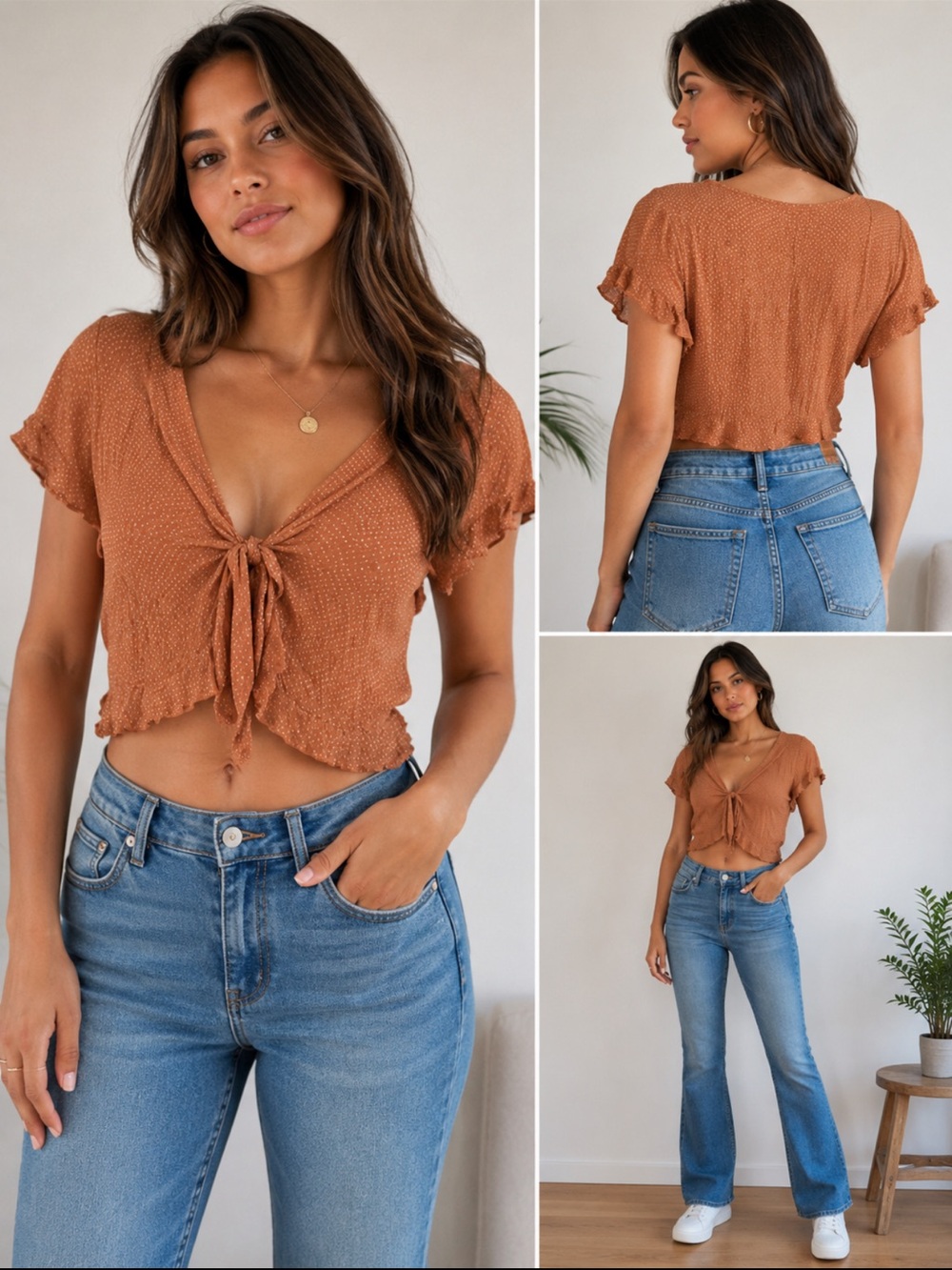 Sage Rust Tie-Front Cropped Blouse